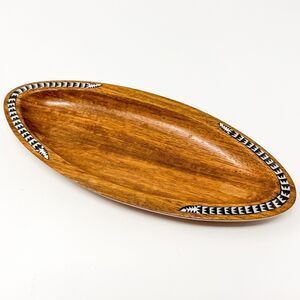 Vintage Hand Carved Wood Bowl Tray Mother Of Pearl Shell Inlay Boho Decor